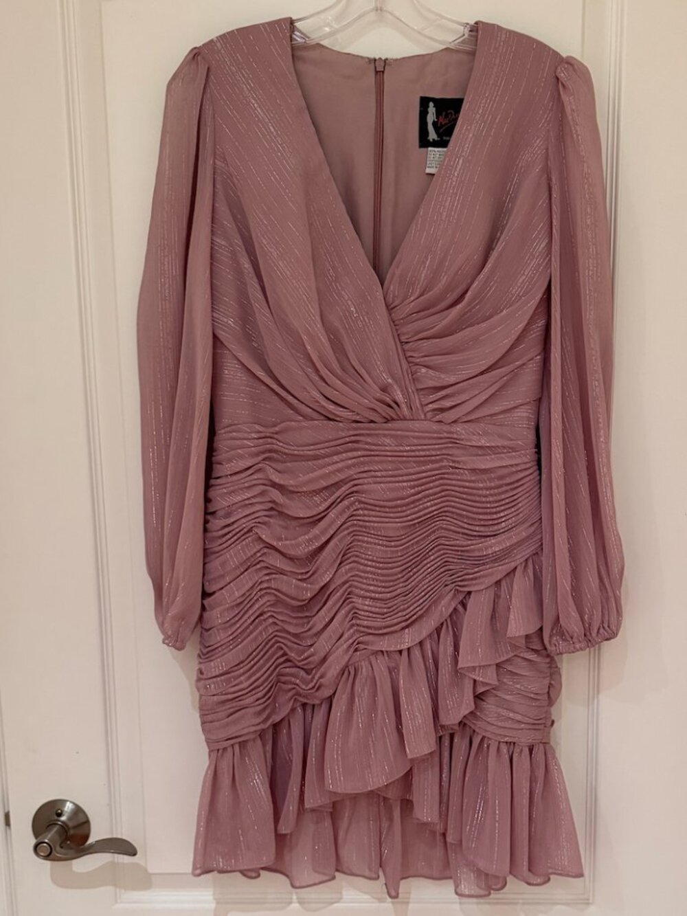 MacDuggal Dusty Rose Ruched Ruffle Long Sleeve Mini Dress